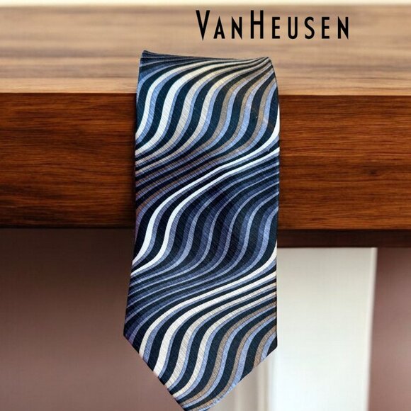 Van Heusen 100% Silk Geometric Swirls Blue & Grey Men's Tie - Picture 1 of 6